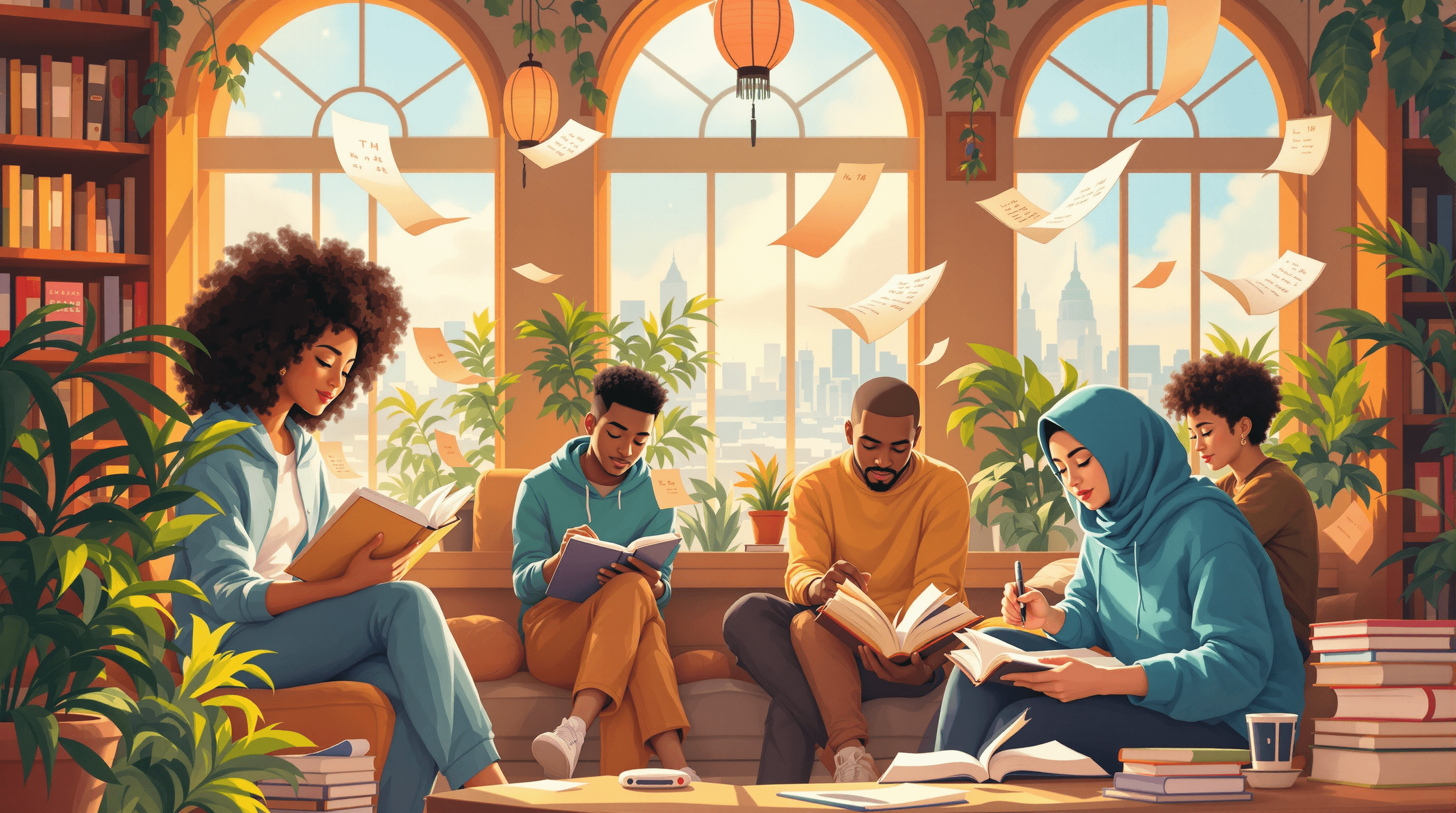 Diverse young adults reading multilingual books in a sunlit library